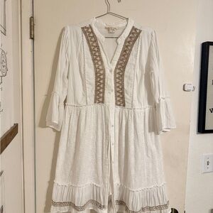 Dress Nado White Cotton Embroidered Boho Dress | Size Large
